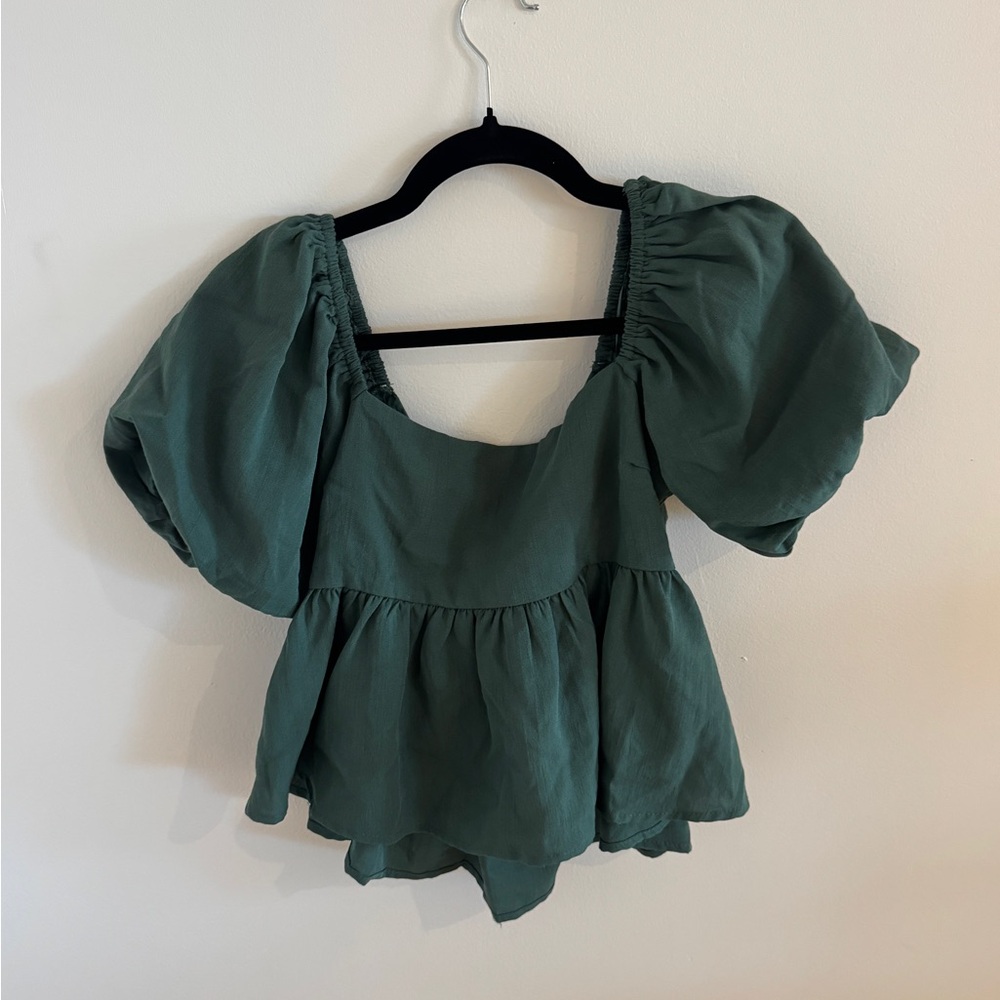 Francesca's Green Puff Sleeve Bow Back Top